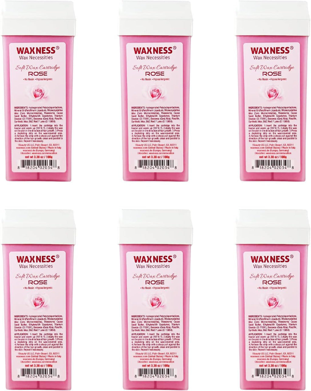 Waxness Soft Wax Cartridge Rose – Pack of 6 × 3.38 oz (96 g) – Professional Strip Wax Roll-On for Face & Body – Made in Italy