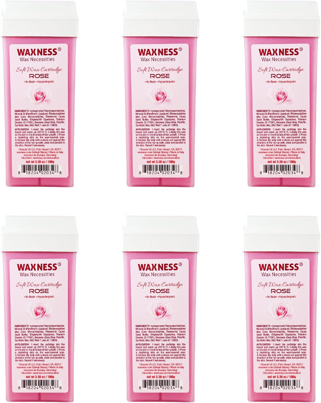 Waxness Soft Wax Cartridge Rose – Pack of 6 × 3.38 oz (96 g) – Professional Strip Wax Roll-On for Face & Body – Made in Italy