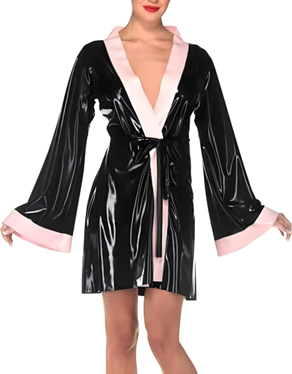 Pink And Black Latex Evening Dress Robe With Lacing Rubber Sleepwear Jacket Top Gown