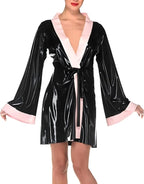Pink And Black Latex Evening Dress Robe With Lacing Rubber Sleepwear Jacket Top Gown