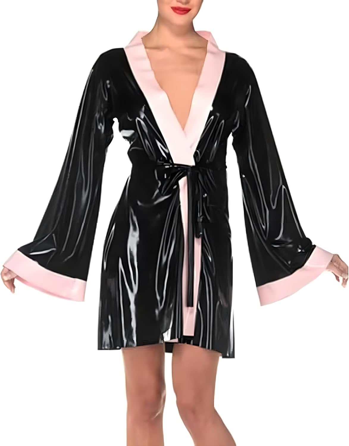 Pink And Black Latex Evening Dress Robe With Lacing Rubber Sleepwear Jacket Top Gown