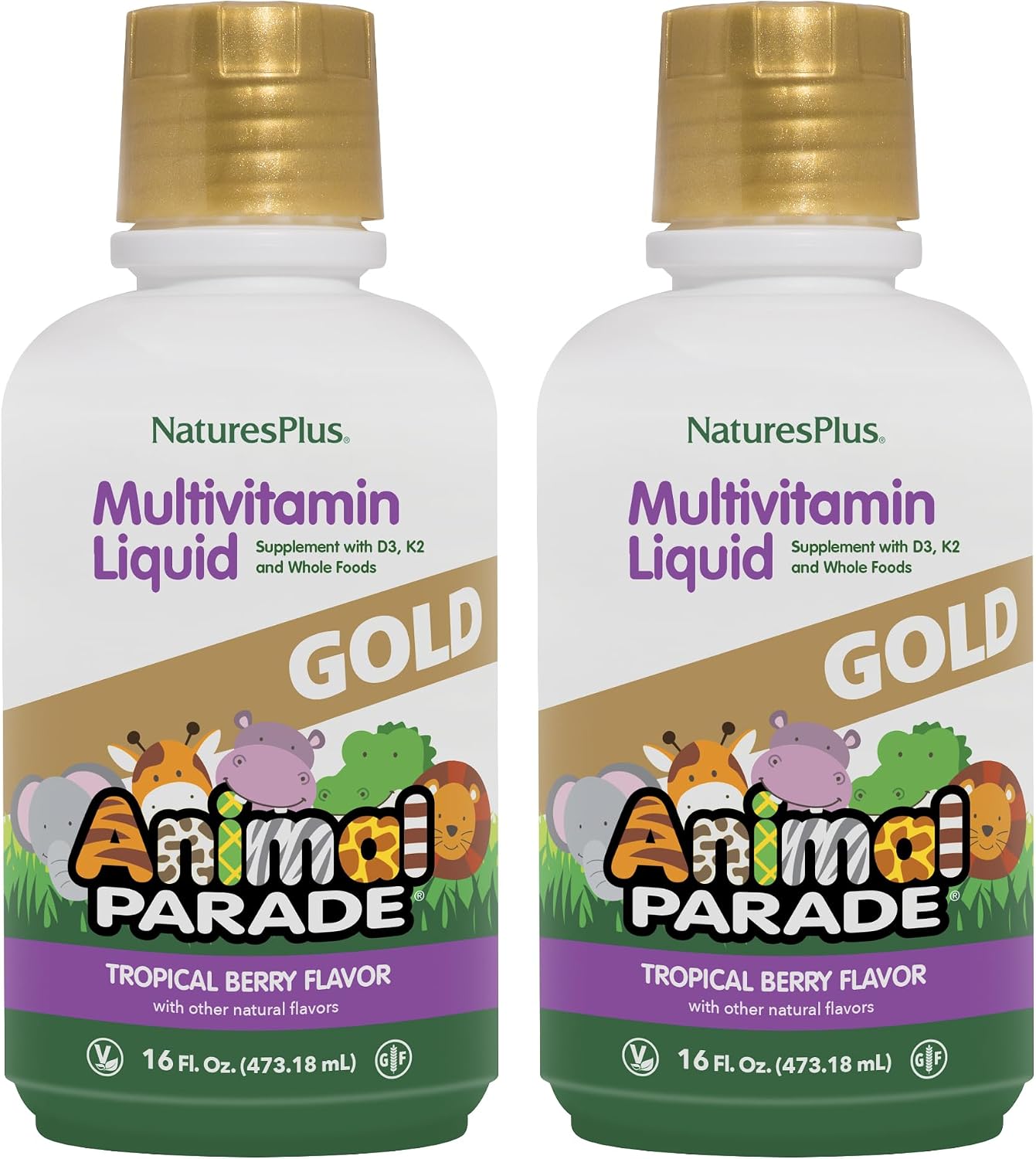 NaturesPlus Animal Parade Gold Children's Liquid Multivitamin - 16 fl oz, Pack of 2 - Natural Tropical Berry Flavor - Gluten Free, Vegan - 64 Total Servings