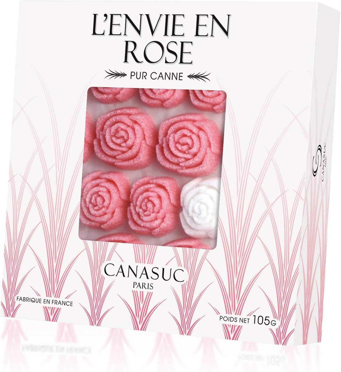 Canasuc Paris, L' Envie en Rose Pur Sucre de Canne,"Window Gift Box" of 36 Assorted French Molded Rose Sugar Pieces, White & Rose, 3.35 Oz