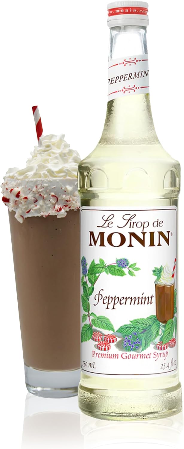 Monin - Peppermint Syrup, Cool Mint Flavored Syrup, Coffee Syrup, Natural Flavor Drink Mix, Simple Syrup for Cocoas, Mochas, Smoothies, Sodas, & More, Gluten-Free, Non-GMO, Clean Label (750 ml)