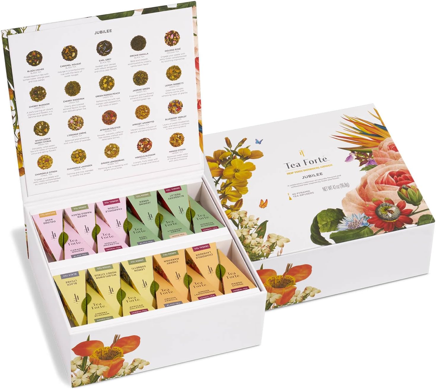 Tea Forte Premium Tea Chest Presentation Box Gift Set Sampler, 40 Count Individually Wrapped Handcrafted Pyramid Tea Infuser Bags, Jubilee