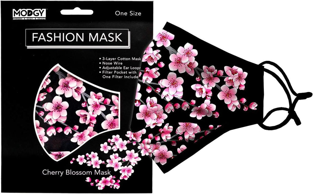 MODGY Fashion Mask 3-Layer Cloth Face Masks with Filter Pocket Insert, Nose Wire, Adjustable Ear Loops, Breathable, Reusable, Washable, Women, Men, Adults, Cherry Blossom