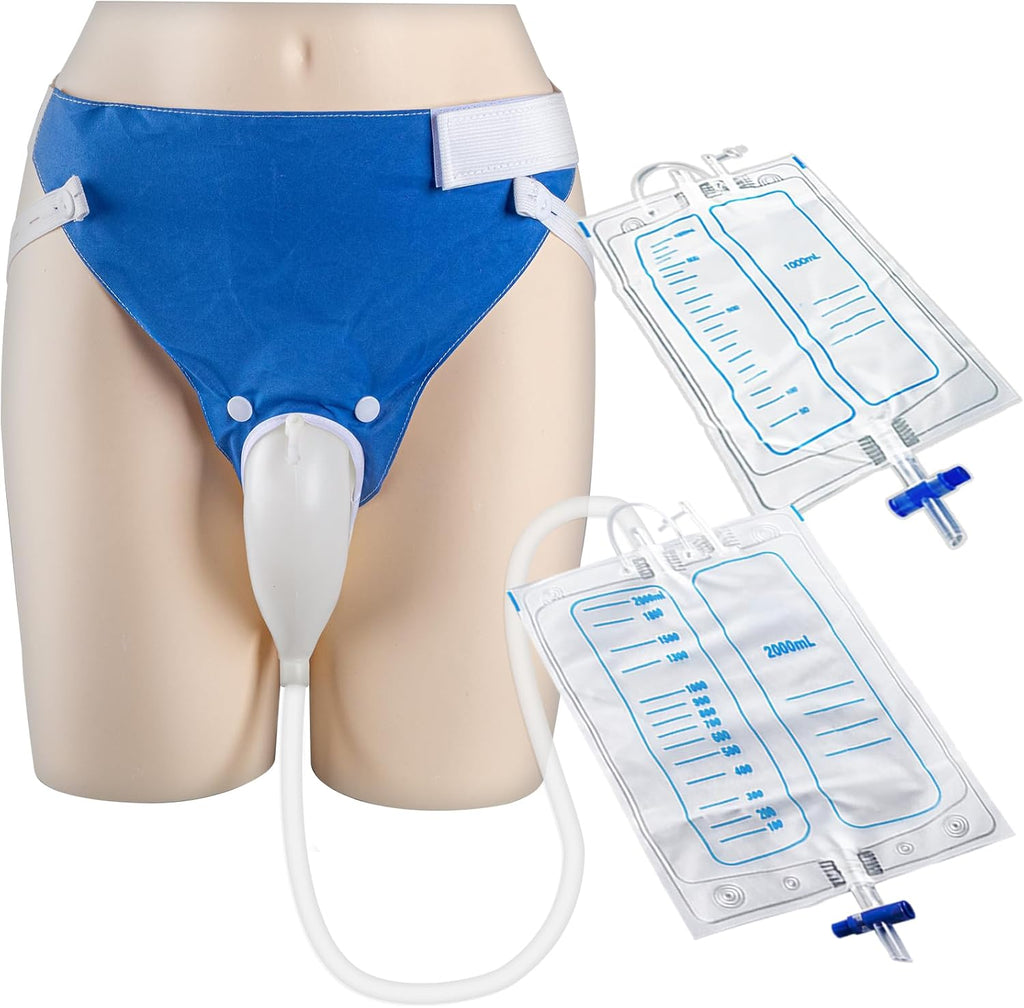 Wearable Urine Collector for Elderly Men with Reusable Silicone Pouch, Breathable Fixing Pants, Urinary Bag Set with 2000ml and 1000ml Bags and 1.2m Drain Tube, Elderly Men Black