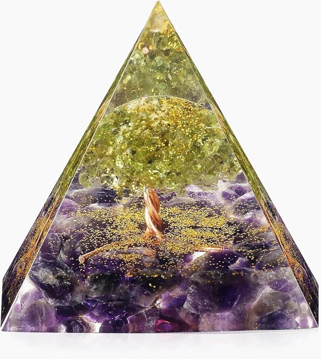 Tree of Life Orgone Pyramid for Positive Energy, Orgonite Peridot&Amethyst Healing Crystal Pyramids for Reduce Stress Chakra Reiki Healing Meditation Attracts Lucky and Success