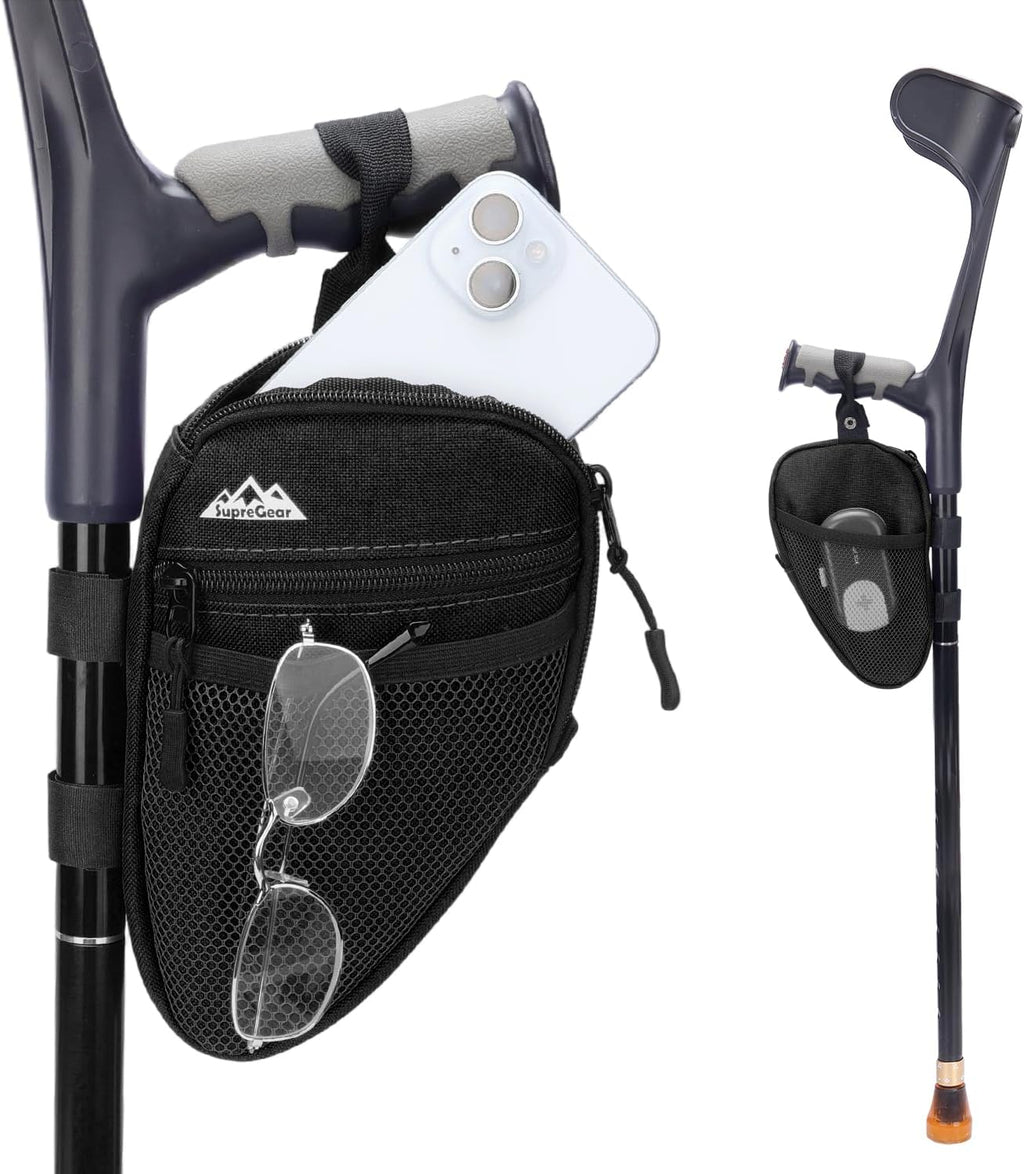 supregear Forearm Crutch Bag - Lightweight Water-Resistant Premium Storage Organizer with Cup Holder & Multiple Pockets, Hands-Free Mobility Accessory for Elbow Crutches, Black