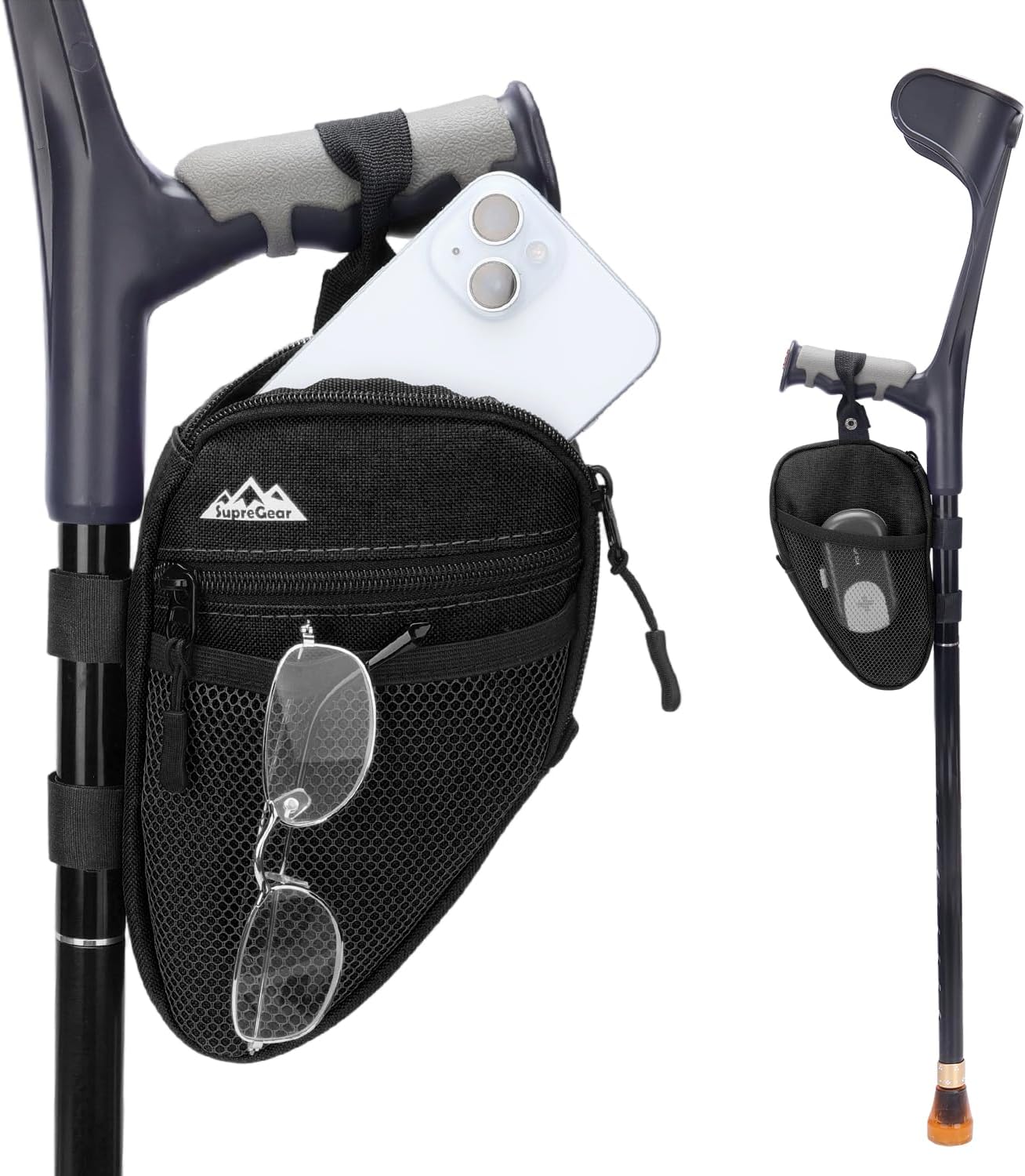 supregear Forearm Crutch Bag - Lightweight Water-Resistant Premium Storage Organizer with Cup Holder & Multiple Pockets, Hands-Free Mobility Accessory for Elbow Crutches, Black