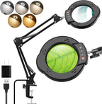 10X Magnifying Glass with Light and Clamp，Real Glass Lens 5 Color Modes Dimmable LED Lighted Magnifier with Swing Arm Hands Free Magnifying Desk Lamp for Crafts Sewing Painting Reading Close Work