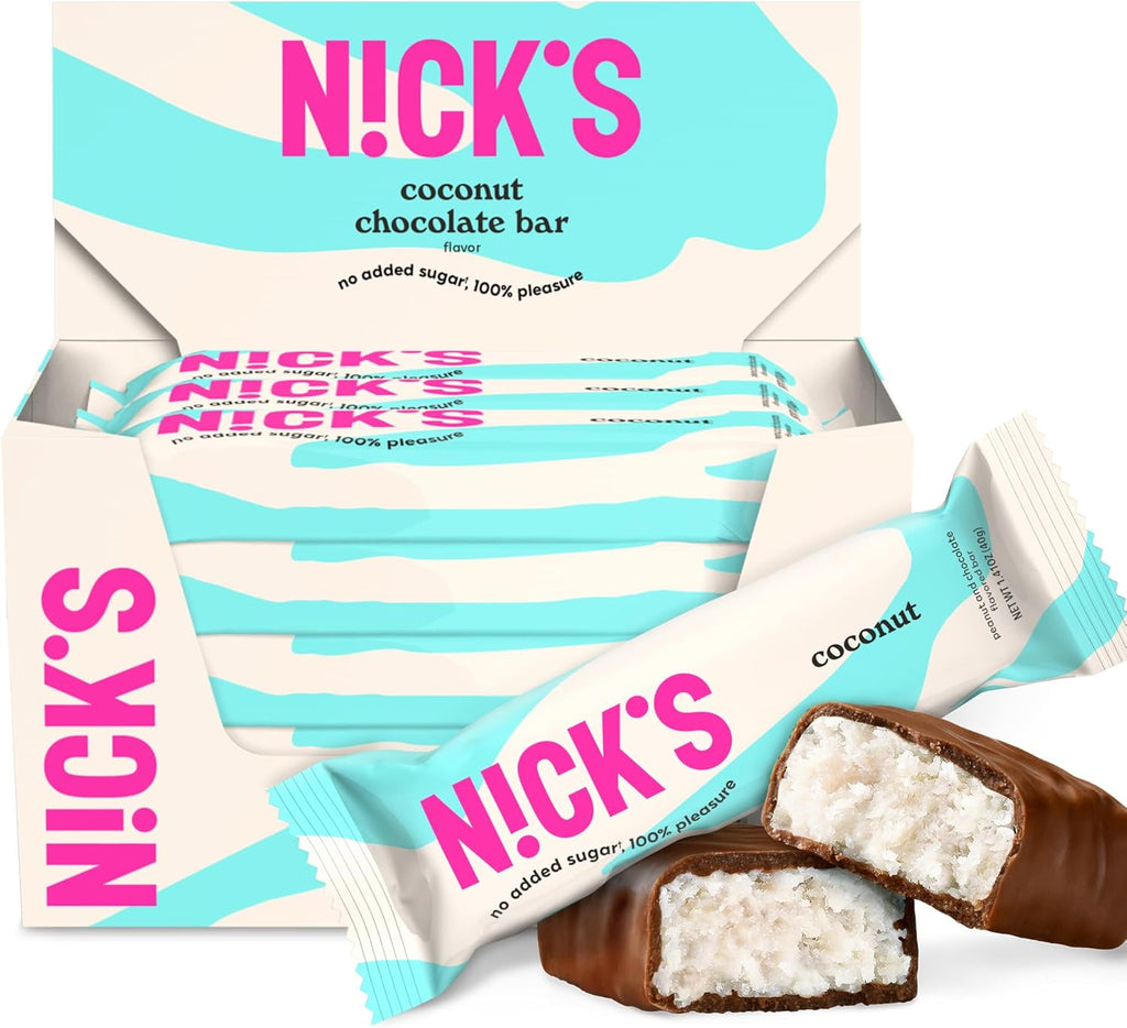 NICKS Coconut Keto Chocolate Candy Bars No Added Sugar, Gluten Free Sweets Low carb Candy Snack Bar – 15-Pack (40g Each)