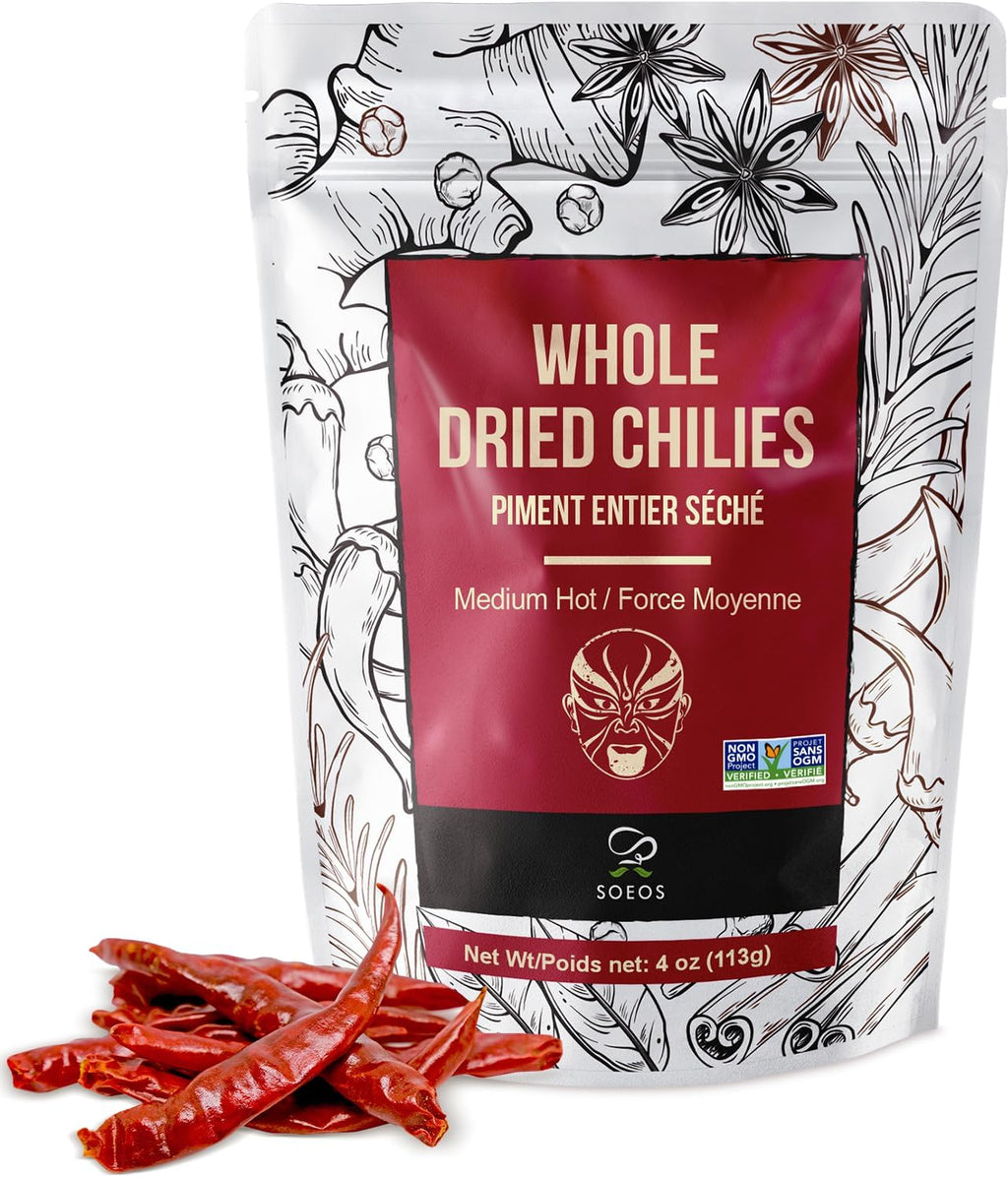 Soeos Whole Dried Chili 4oz, Medium Spicy, Natural and Premium, Great for Mexican Recipes, Dry Szechuan Pepper, Dry Chile Peppers, Sichuan Pepper, Dried Red Chilie, Whole Dried Chili Peppers.