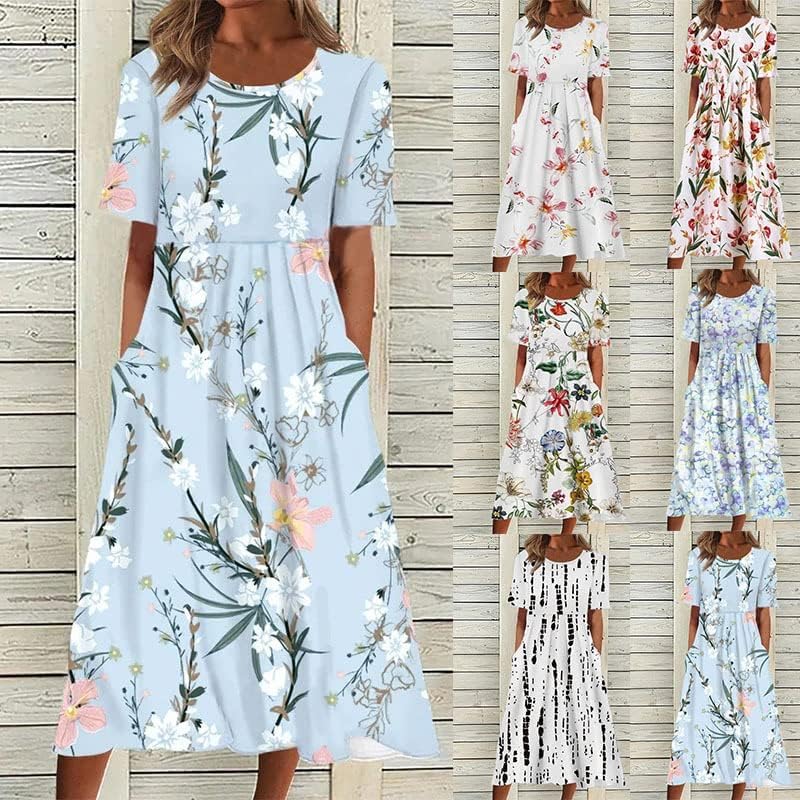 LOAIHA Floral Midi Dress for Women Short Sleeve Flowy Dresses with Pockets Linen Dress Plus Size Summer Loose Boho Sundress