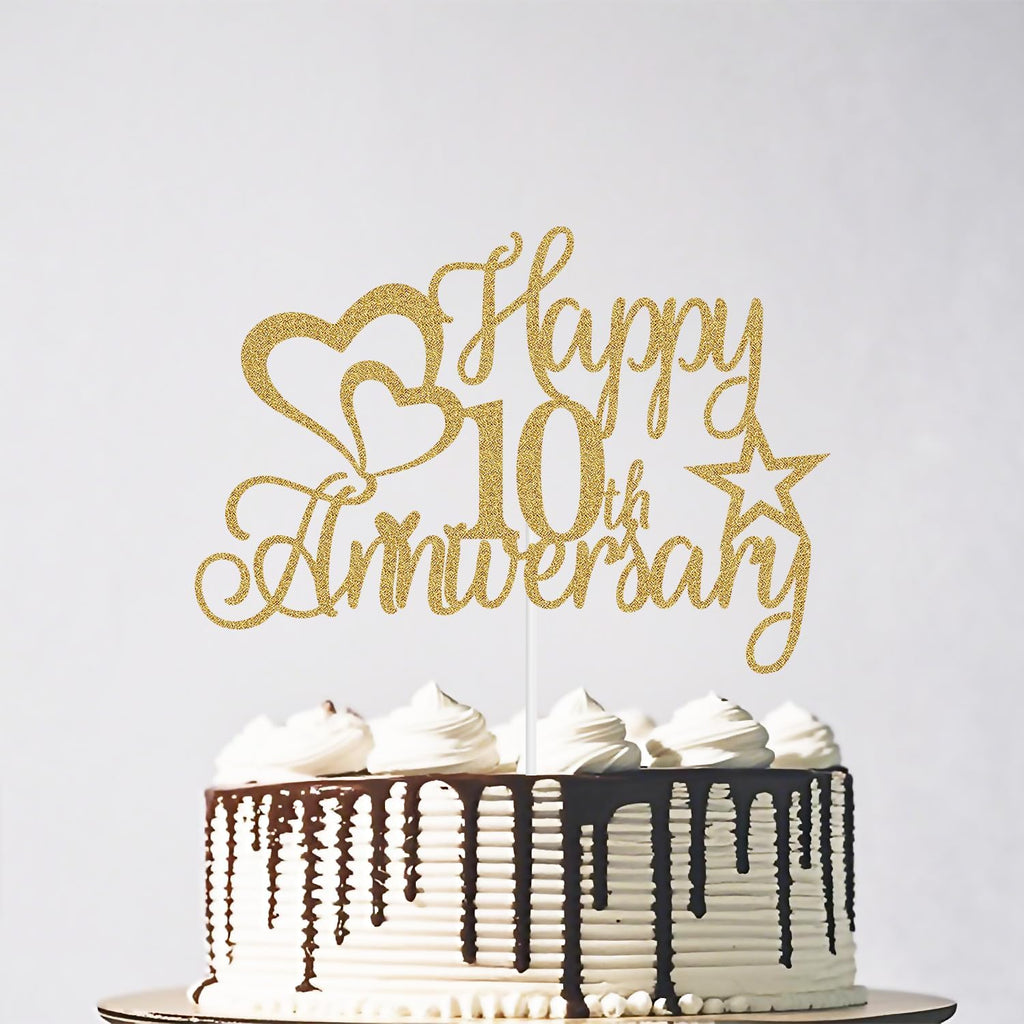 Glitter Happy 10th Anniversary Cake Topper, 10 Years Loved Blessed Wedding Anniversary Birthday Party Decorations Black