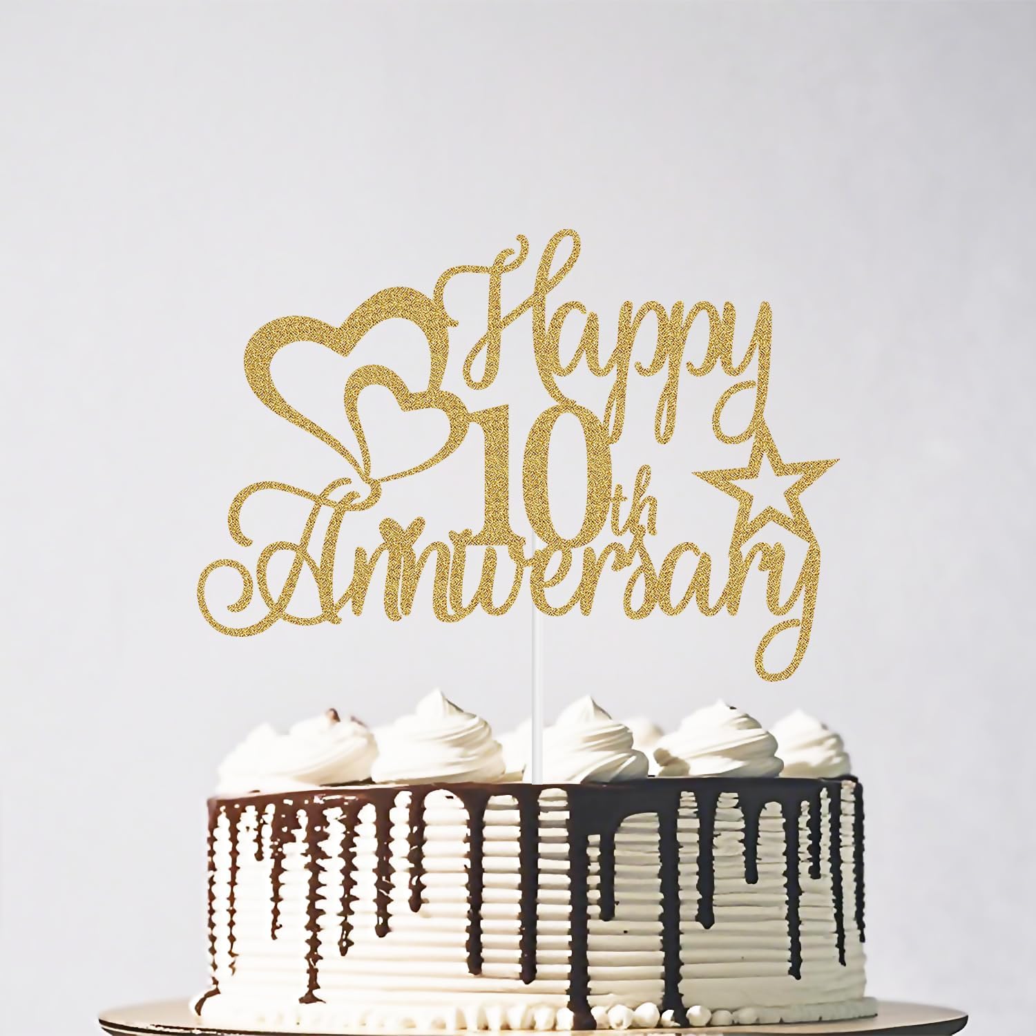Glitter Happy 10th Anniversary Cake Topper, 10 Years Loved Blessed Wedding Anniversary Birthday Party Decorations Black