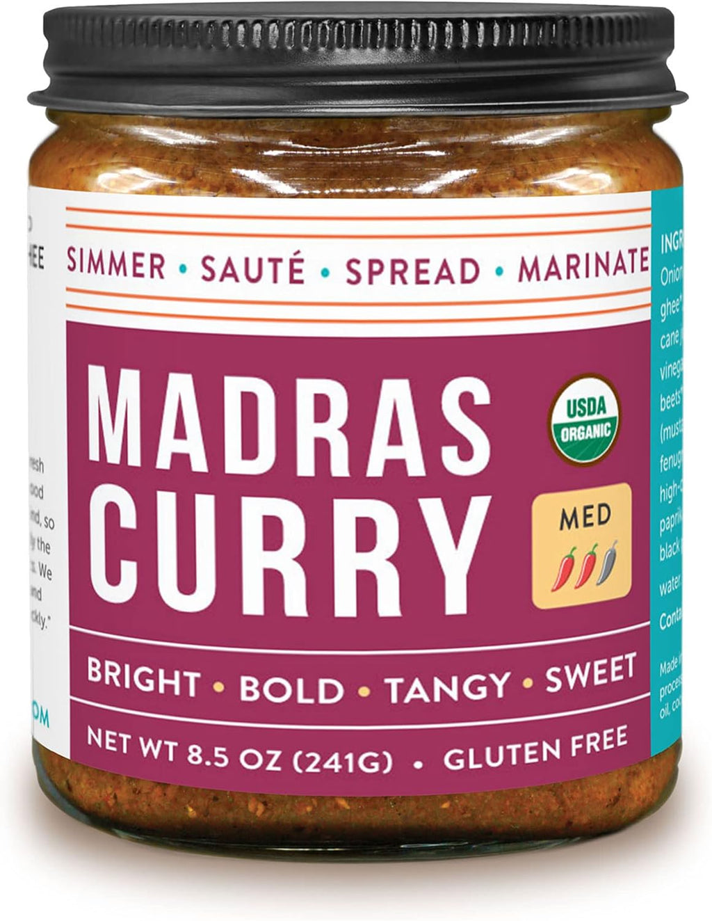 Pure Indian Foods Madras Curry, Concentrated Simmer Sauce - Made With Grass-Fed Ghee, Sweetened With Jaggery, Medium Heat, Gluten-Free, Certified Organic 8.5 oz