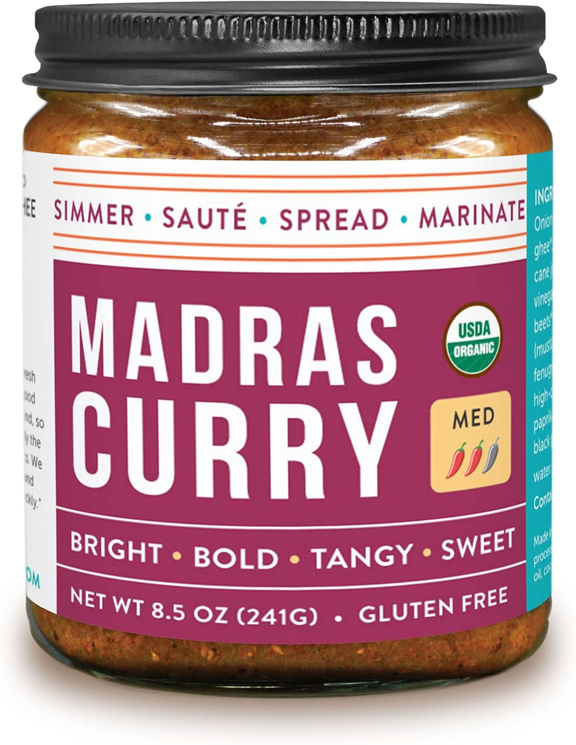 Pure Indian Foods Madras Curry, Concentrated Simmer Sauce - Made With Grass-Fed Ghee, Sweetened With Jaggery, Medium Heat, Gluten-Free, Certified Organic 8.5 oz