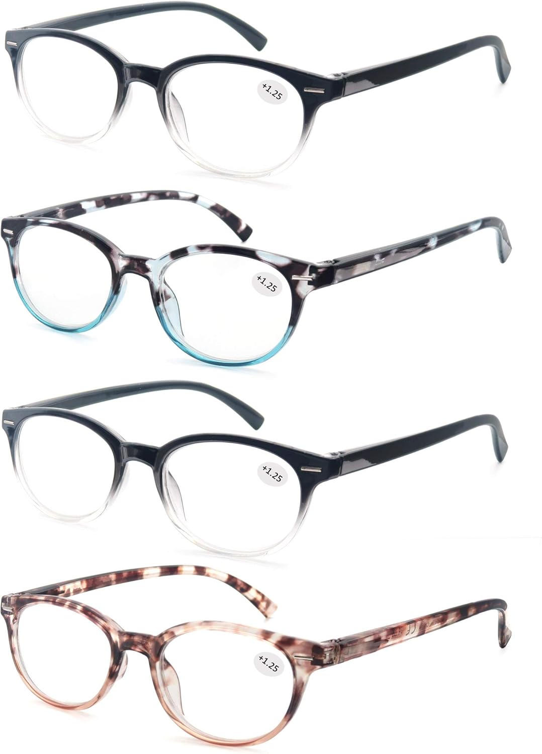 Reading Glasses for Women Cute Round Readers +1.50 for Small Head/Petite Face Lightweight Cheaters Glasses w/Spring Hinges 4 Pack