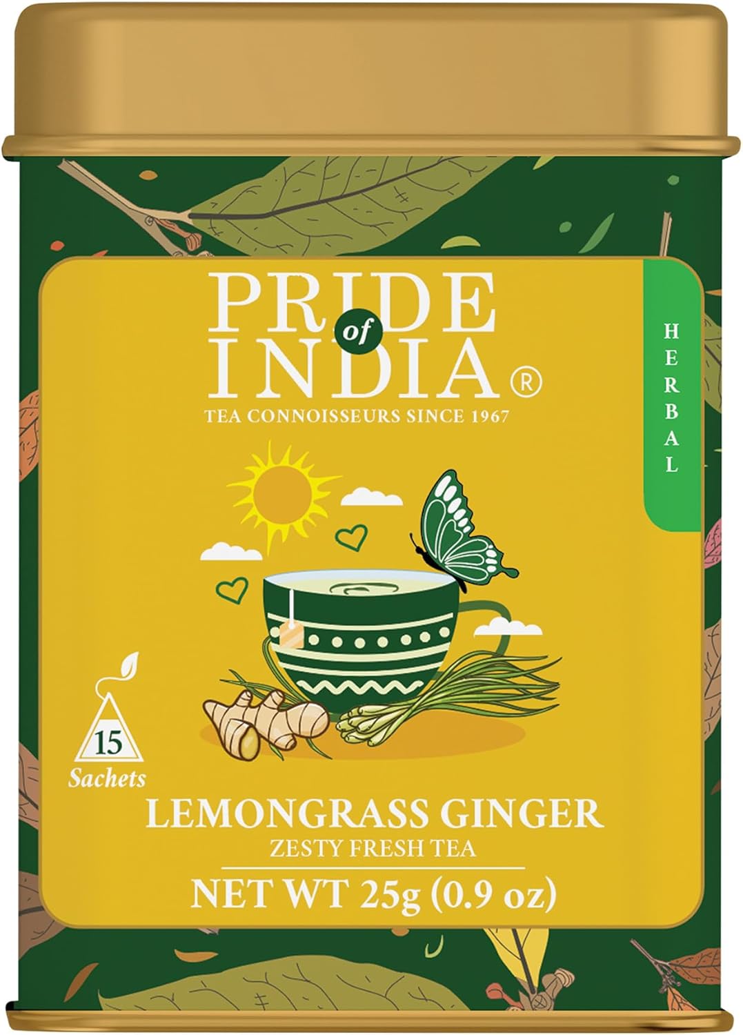 Pride of India | PACK of 6 - Lemongrass Ginger Zesty Fresh Tea | 15 Pyramid Full Leaf Individually Wrapped Tea Bags | 100% Herbal Blend from Single Origin | Tangy & Spicy Flavor | Caffeine-Free