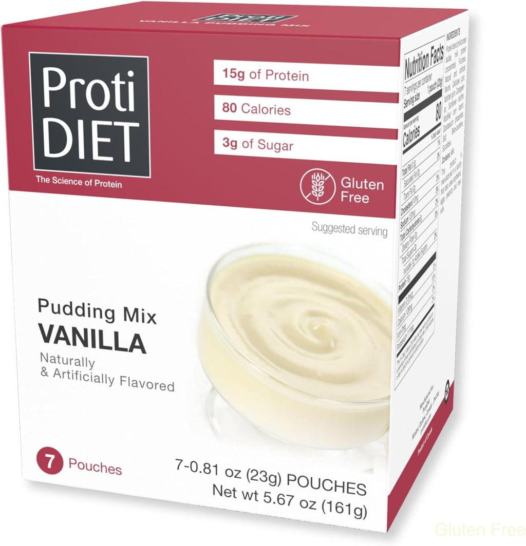 ProtiDIET Vanilla Instant Pudding Mix - Gluten free, Low Fat, High Protein Snacks with Nutritious Minerals, Perfect Low Sugar Dessert for Active Adults - 7 Pudding Mix Pouches Per Box