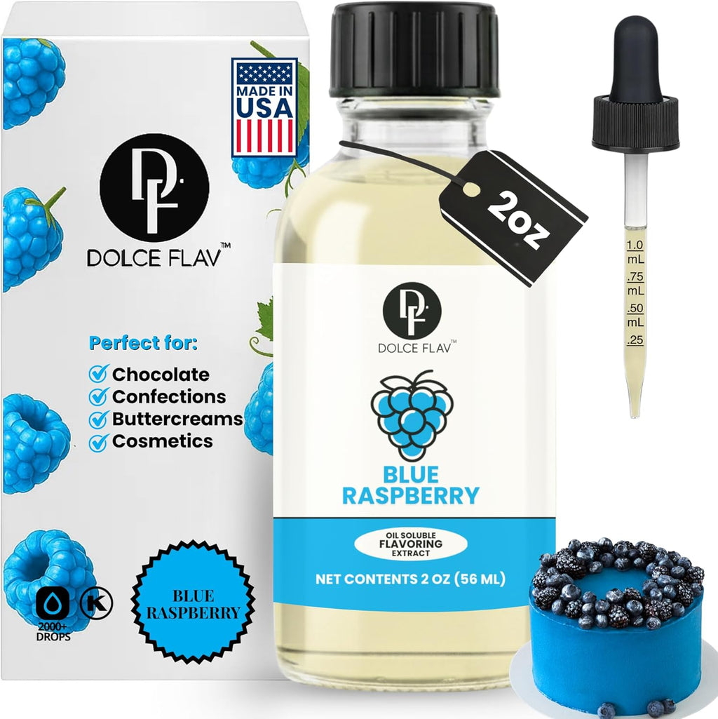 Dolce Flav Blue Raspberry Extract – 2 Ounce Oil-Soluble Kosher, Sugar-Free, Concentrated Blue Raspberry Flavoring for Baking, Chocolates & Desserts, Includes Measured Dropper