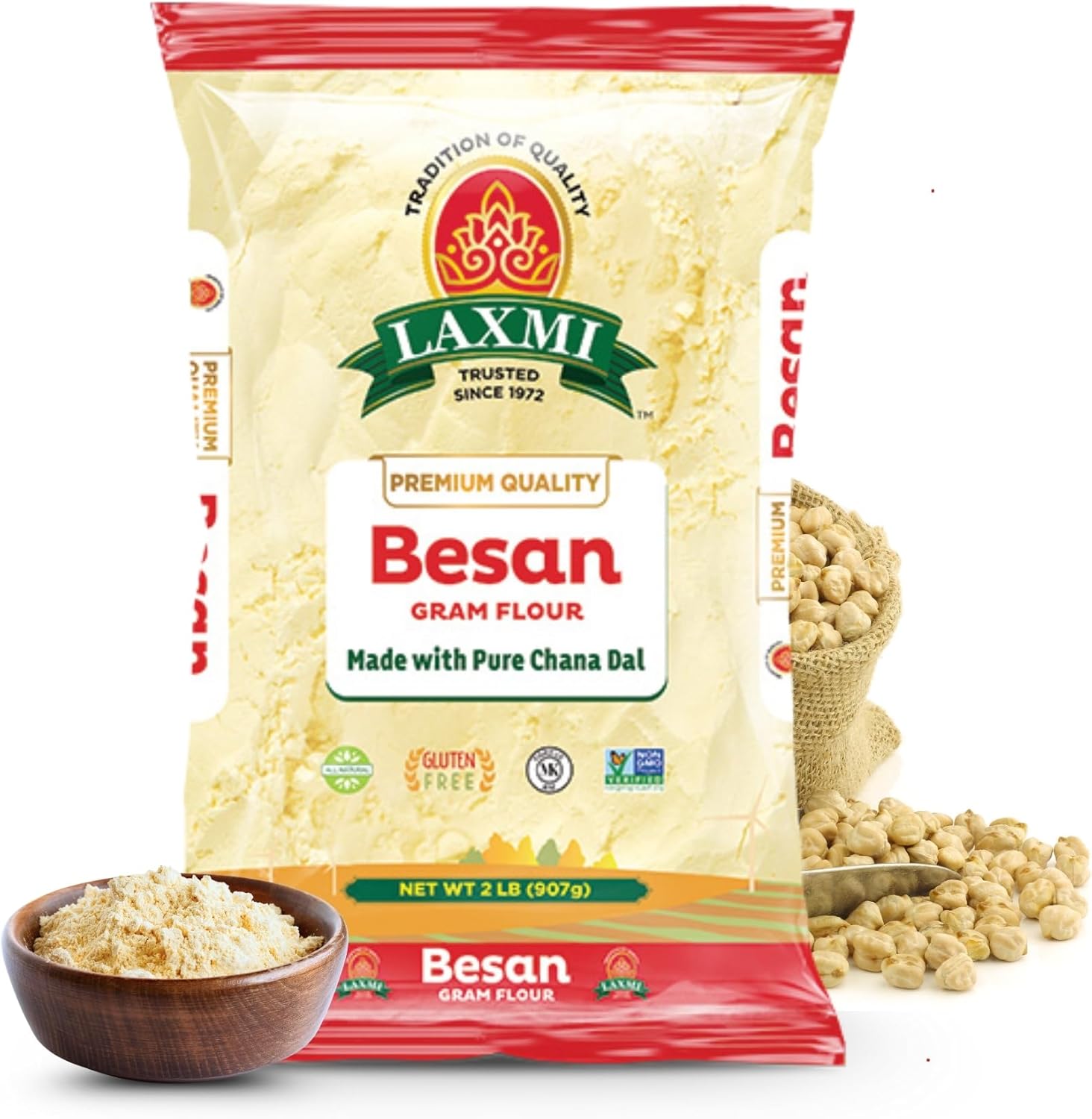 Laxmi Gram Besan Flour 2 lb Non-GMO, Vegan, Gluten Free - Made from Finely Ground Chickpeas Perfect for Authentic Indian Recipes