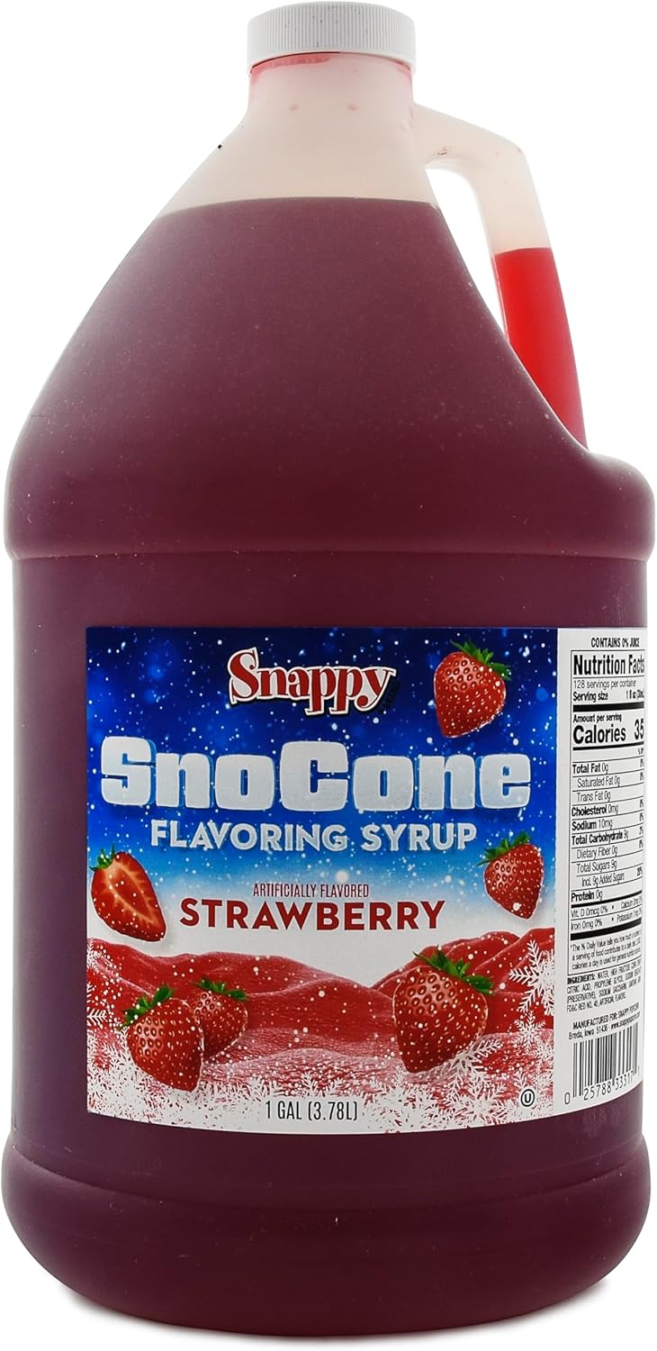 Snappy Strawberry Sno Cone Syrup, 1 Gallon (128 ounces) Size, Ready to Use For Snow Cone Machines, Flavored Syrup for Shaved Ice, 14 Snow Cone Flavor Options