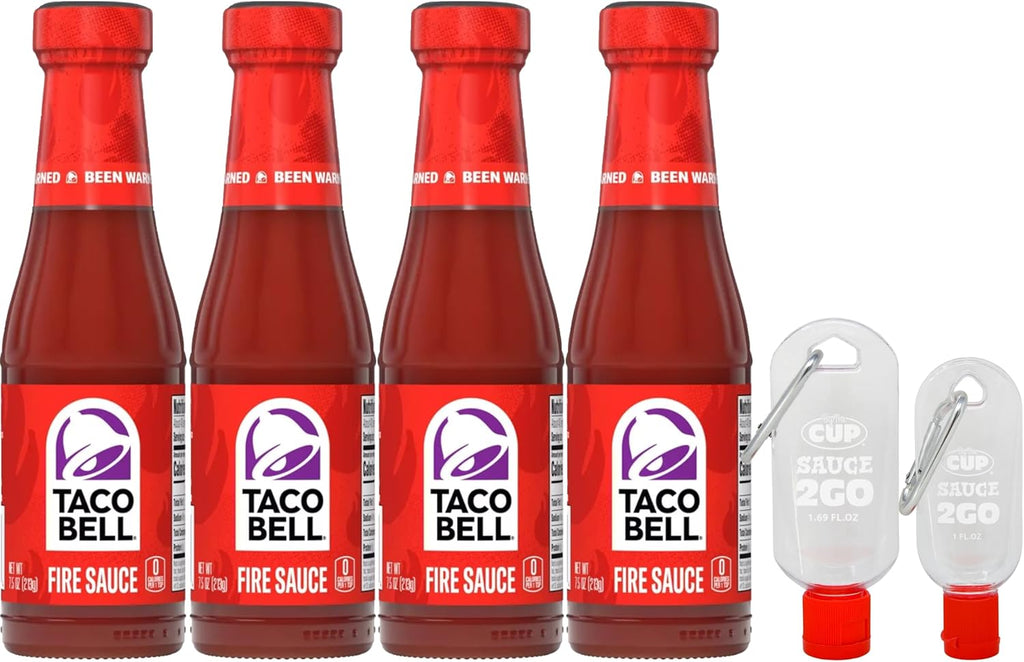 Taco Bell Fire Sauce 7.5 Ounce (Pack of 4) with By The Cup 2 Go Keychains 1.69 Fl oz and 1 Fl oz Mini Sauce Bottles