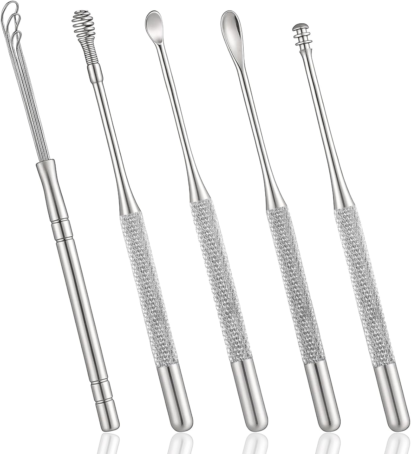 Dimeho Ear Pick Earwax Removal Kit, 5 Pcs Stainless Metal Ear Cleaning Tool Set with Ears Spoon & Spiral Spring Ear-Curette Remover Tool for Adults Reusable Ears Cleaner Kit
