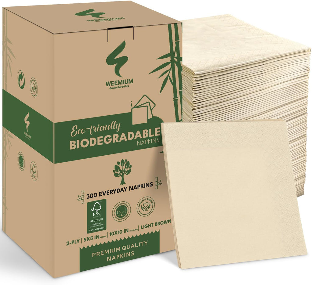 Weemium Compostable Napkins Disposable - FSC Certified - Pack of 300, 2-Ply - 5 x 5 Inch Folded - Post-Consumer Recycled Materials - Biodegradable & Highly Absorbent Paper Napkins for Lunch & Dinner
