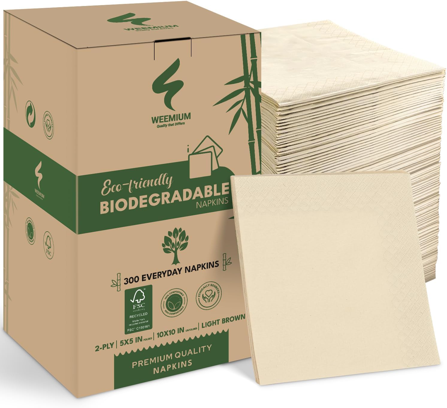 Weemium Compostable Napkins Disposable - FSC Certified - Pack of 300, 2-Ply - 5 x 5 Inch Folded - Post-Consumer Recycled Materials - Biodegradable & Highly Absorbent Paper Napkins for Lunch & Dinner