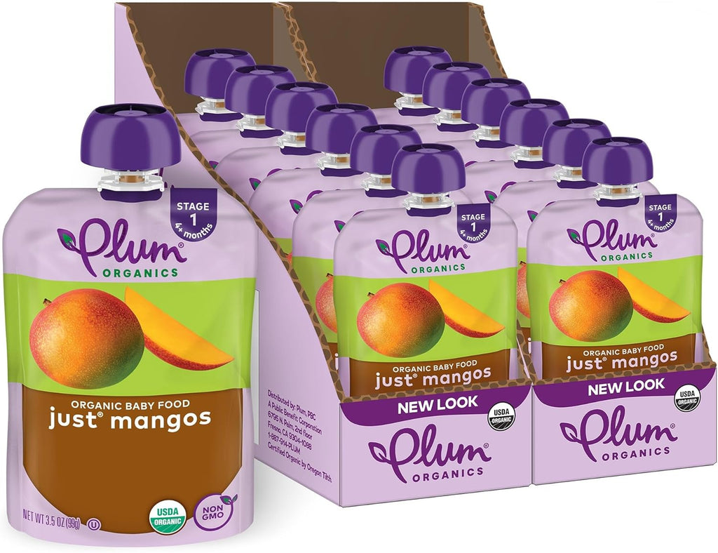 Plum Organics - 4+ Months Organic Baby Food Pouches - Just Mangos - Non-GMO - Fruit & Veggie Blends On-The-Go Pouches for Baby & Toddler Meals - Quality Tested Ingredients - 3.5 oz (Pack Of 12)