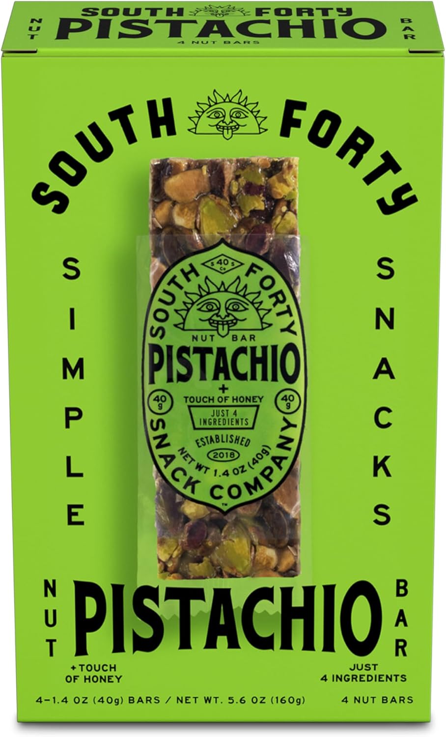 South 40 Snacks Crunchy Pistachio Nut Bars, Just 4 Ingredients, Touch of Honey, 40g (Pack of 4)