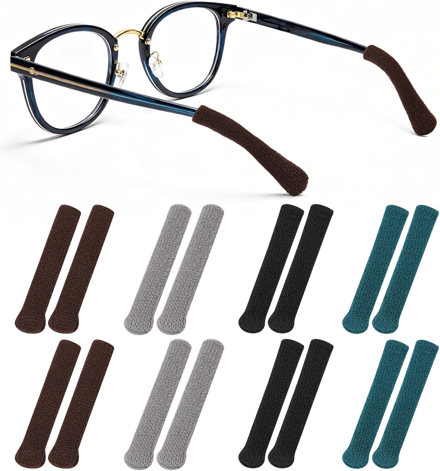 8 Pair Comfort Glasses Ear Cushion, Anti-Slip Eyeglass Arm Covers Ear Pads for Glasses- Black Grey Blue Brown