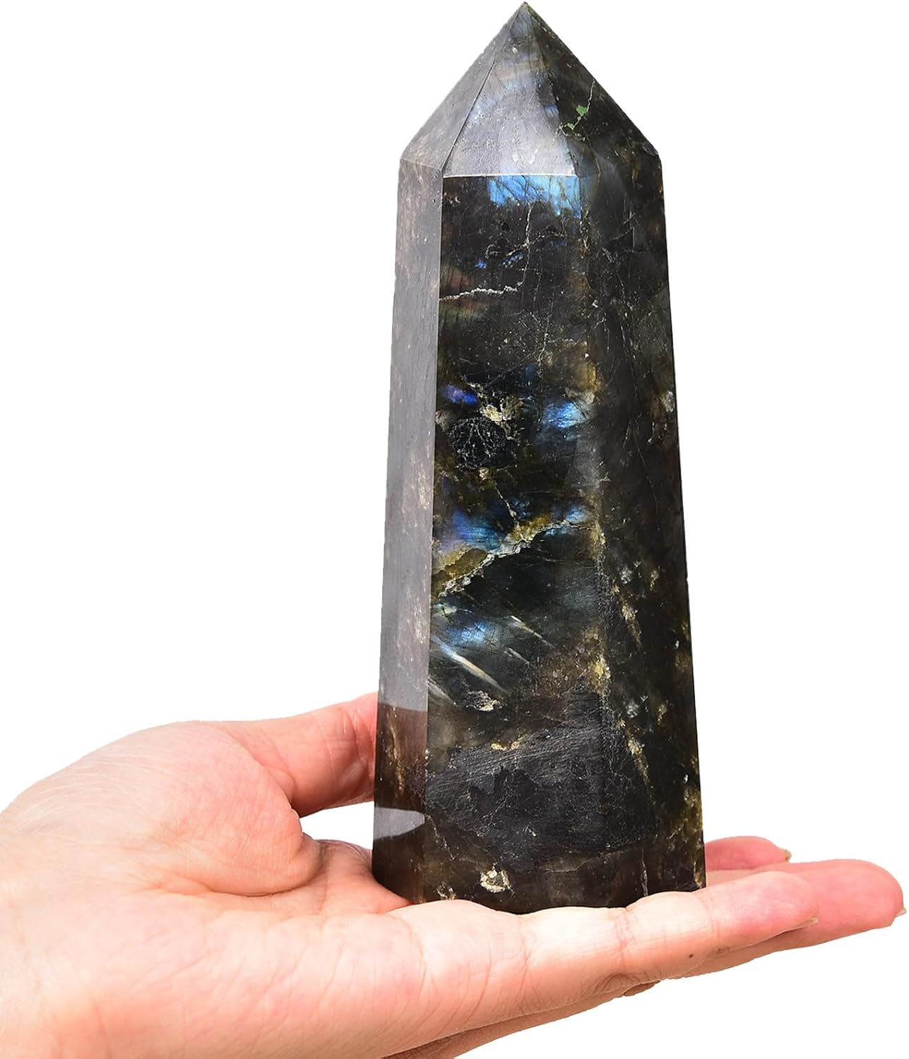 Large Labradorite Crystal Tower Natural Healing Crystal Point Wand Obelisk 6 Faceted Reiki Chakra Meditation Therapy Home Decor Gift 1-1.5 LBS