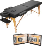 HENGJIANYI Massage Table, Portable 2 Section Foldable Tattoo Bed, Height Adjustable Lash Spa Bed with Face Cradle, Home Light Weight Facial Salon Bed with Wood Frame, Black