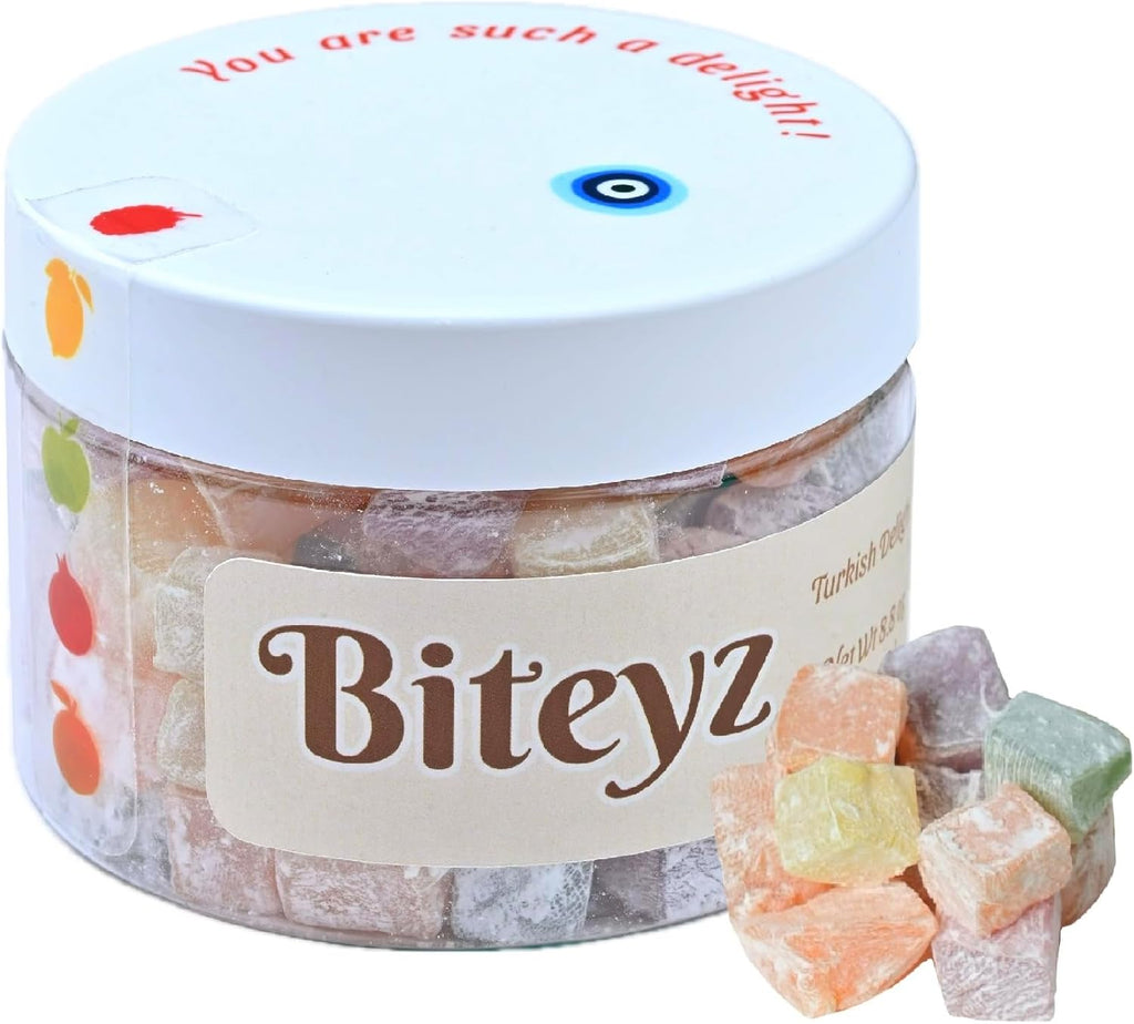 Biteyz Mini Turkish Delight, Vegan Candy Gift - Assorted Gourmet Snacks with Lemon, Orange, Rose, and Mint Flavors, 6 Servings of Luxury Handmade Vegan Treats