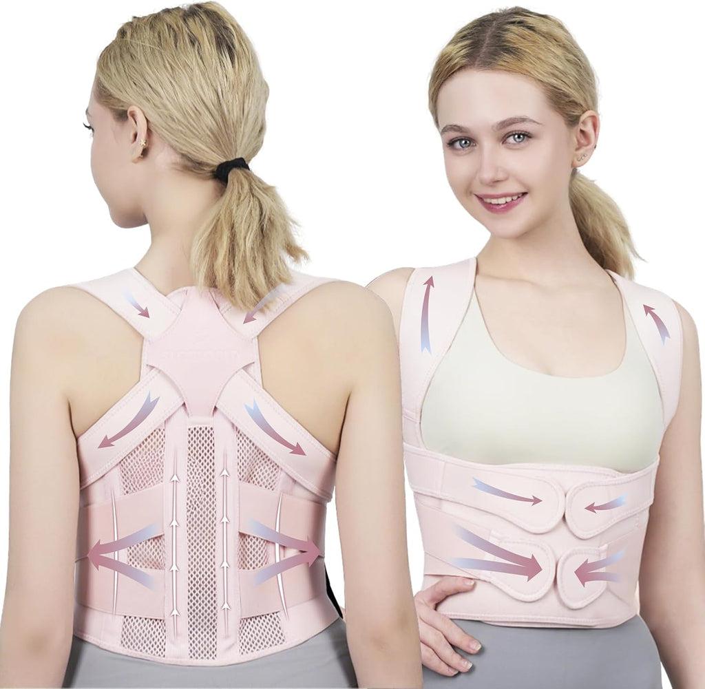 Posture Corrector for Women and Men Upgraded Back Brace, Adjustable Back Support for Upper and Lower Back Pain Relief, Shoulder Straightener for Hunchback, Scoliosis, Lumbar, Spine (Pink, Medium)