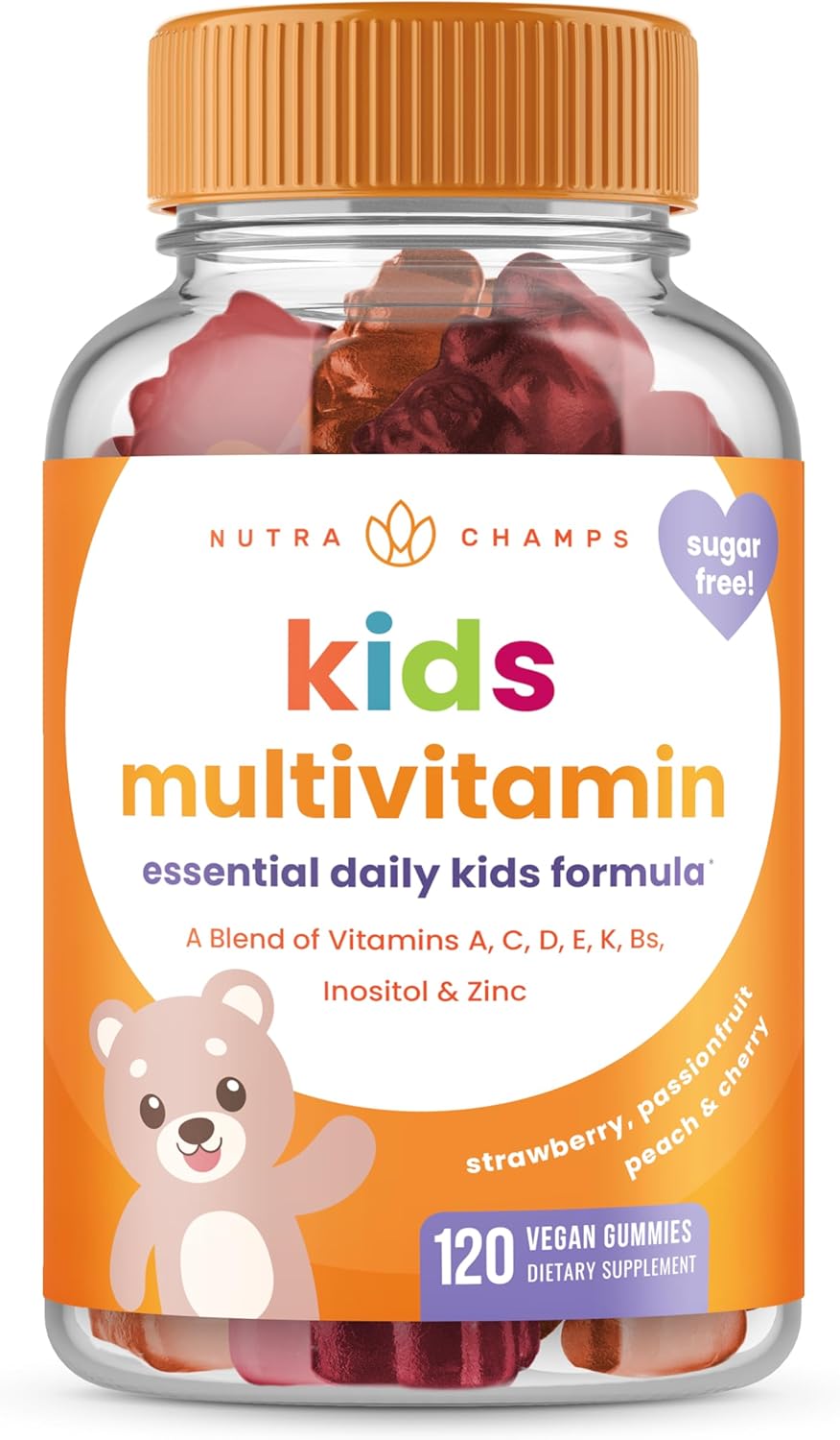 NutraChamps Kids Multivitamin Gummies | Sugar Free 120 Gummy Vitamins for Kids | Vegan & Non-GMO | Strawberry, Passionfruit, Peach & Cherry