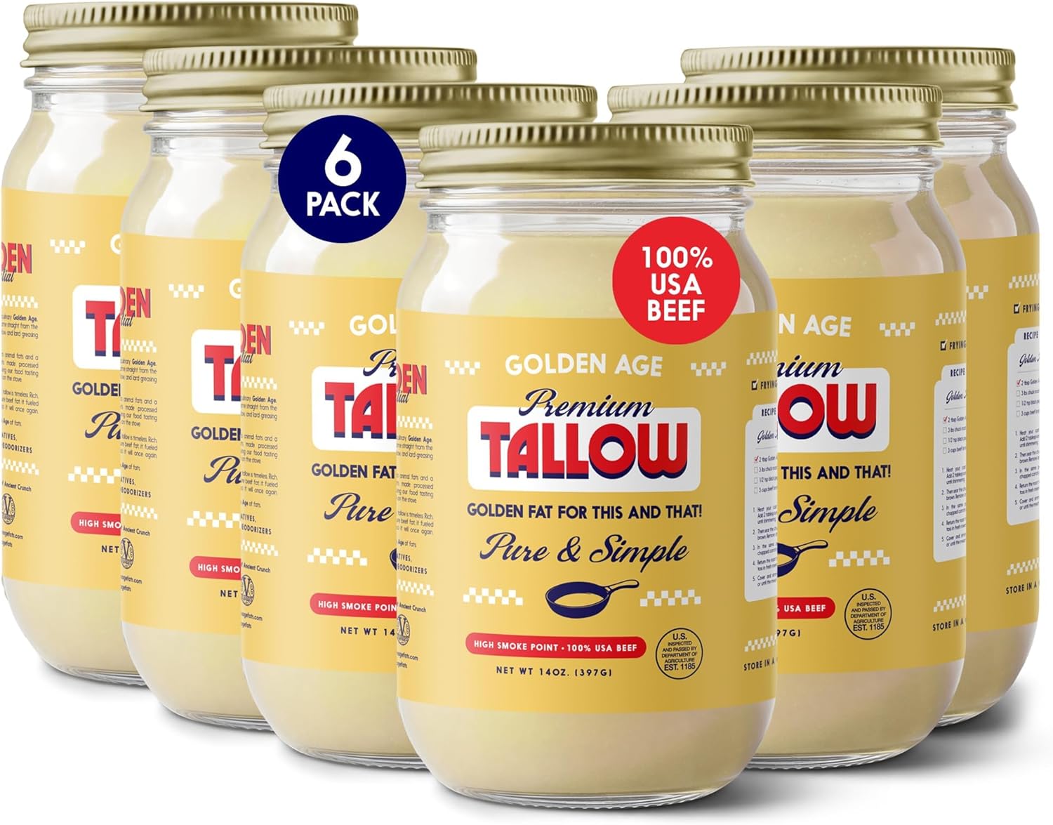 Golden Age Premium Beef Tallow for Cooking & Skincare – Official Tallow of Masa Chips and Vandy – 100% Pure & Simple, 14 oz (6-Pack), Pasture-Raised, Hand-Rendered, No Foaming Agents, High Smoke Point, Keto & Paleo