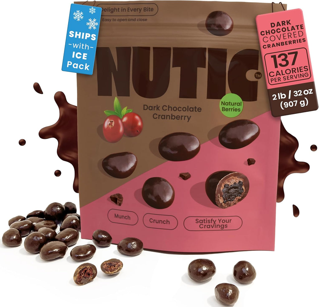 Nutic Dark Chocolate Covered Cranberries - 2LB, Tempting Chocolate-Engulfed Fruit for Holidays and Everyday Treats - Made in the USA - (Pack of 1)