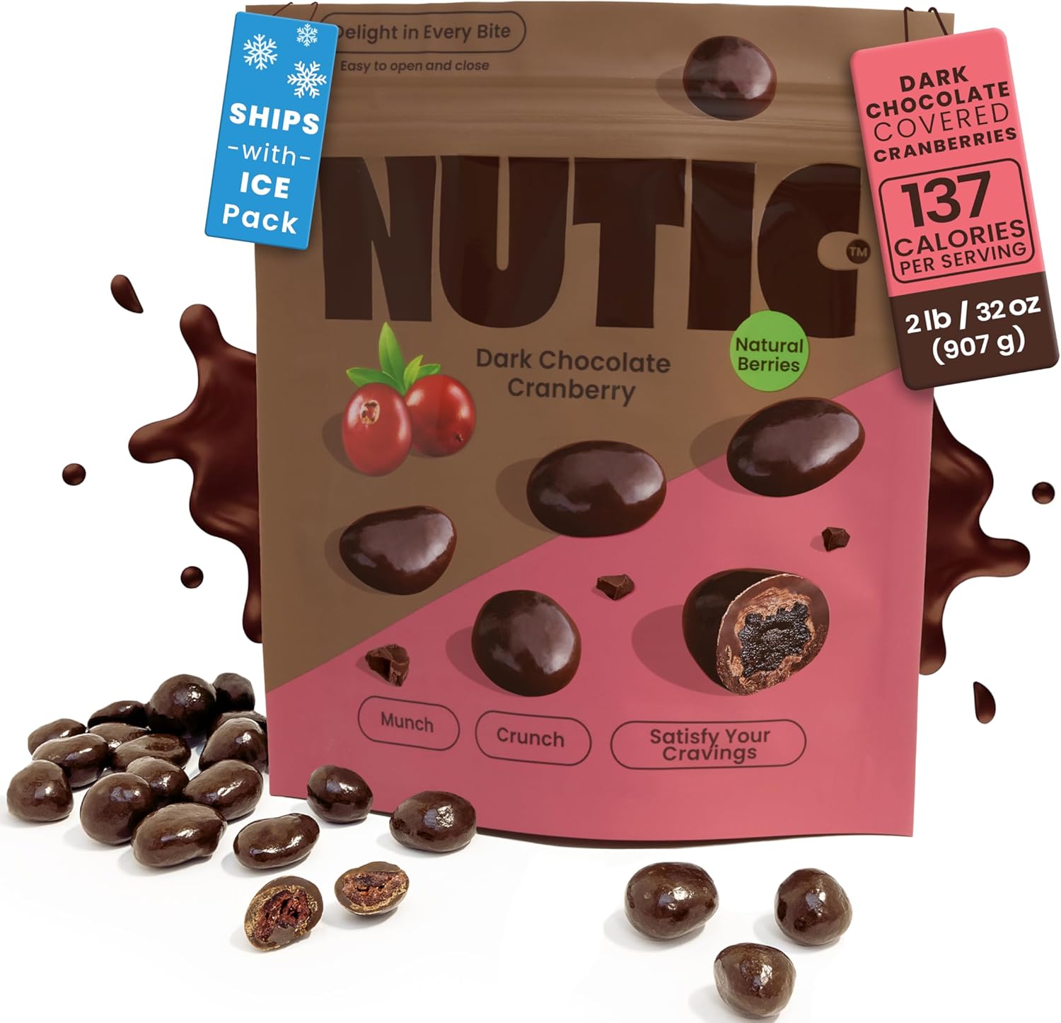 Nutic Dark Chocolate Covered Cranberries - 2LB, Tempting Chocolate-Engulfed Fruit for Holidays and Everyday Treats - Made in the USA - (Pack of 1)
