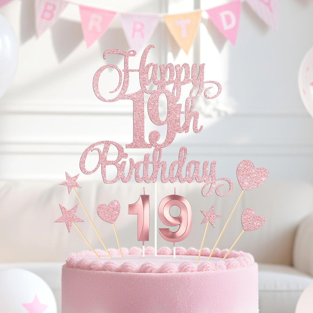 Rose Gold Happy 19th Birthday Cake Decorations, Glitter 19th Birthday Cake Toppers Set and Numeral 19 Candles for Birthday Party Supplies, Heart Star Cupcake Decorations