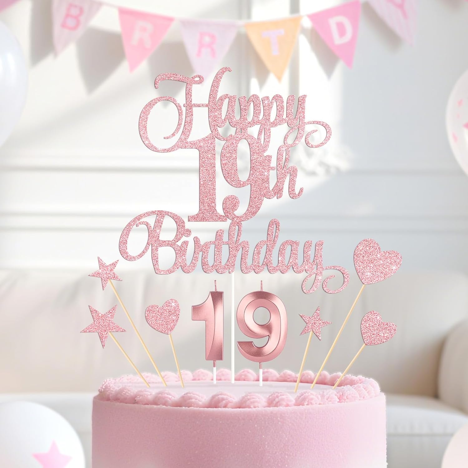 Rose Gold Happy 19th Birthday Cake Decorations, Glitter 19th Birthday Cake Toppers Set and Numeral 19 Candles for Birthday Party Supplies, Heart Star Cupcake Decorations