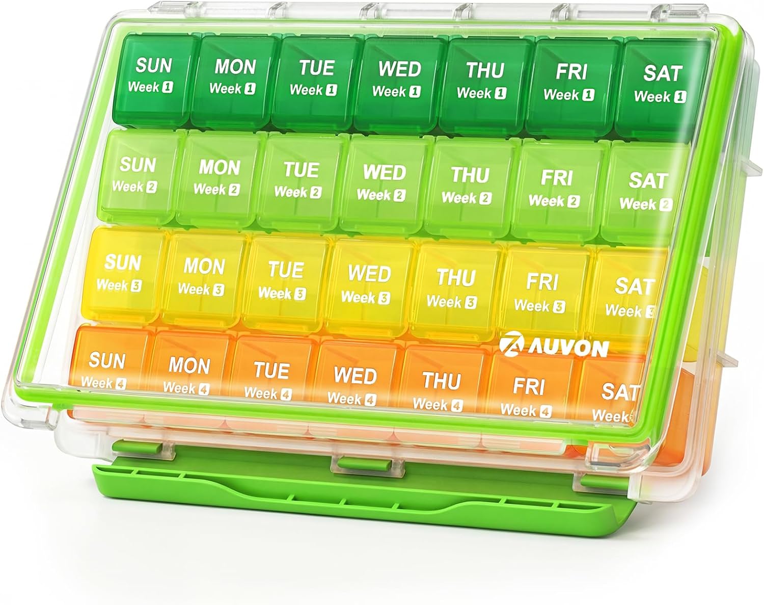 AUVON Moisture-Proof Monthly Pill Organizer, Large 28 Days Pill Box Case with Removable 4 Weeks Medication Organizer Rows, Travel-Friendly to Store Fish Oils, Vitamins, Supplements, Medications