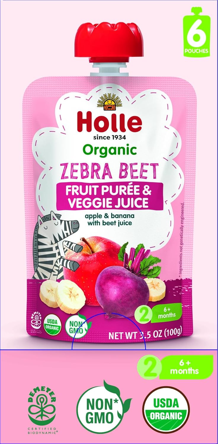 Holle Organic Baby Food Pouches, Zebra Beet Fruit & Veggie Purée with Apple, Banana & Beetroot, Demeter Biodynamic, Clean Label Project Recognized, 3.5 oz Pouches (Pack of 12), 6+ Months