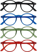 OPULIZE REY Reading Glasses for Women Men, Retro Round Frame with Spring Hinges, Matte Black, Blue, Green, Red +1.50 (Pack of 4)