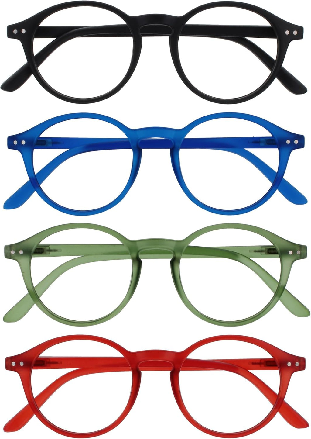 OPULIZE REY Reading Glasses for Women Men, Retro Round Frame with Spring Hinges, Matte Black, Blue, Green, Red +1.00 (Pack of 4)