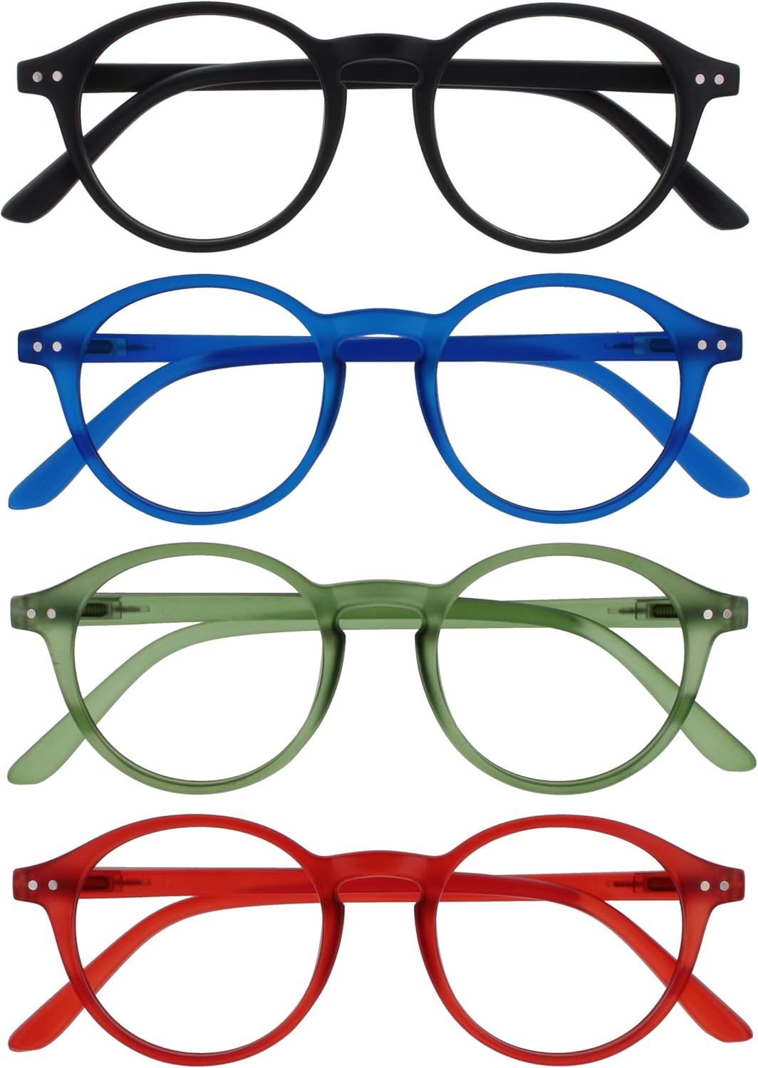OPULIZE REY Reading Glasses for Women Men, Retro Round Frame with Spring Hinges, Matte Black, Blue, Green, Red +1.00 (Pack of 4)